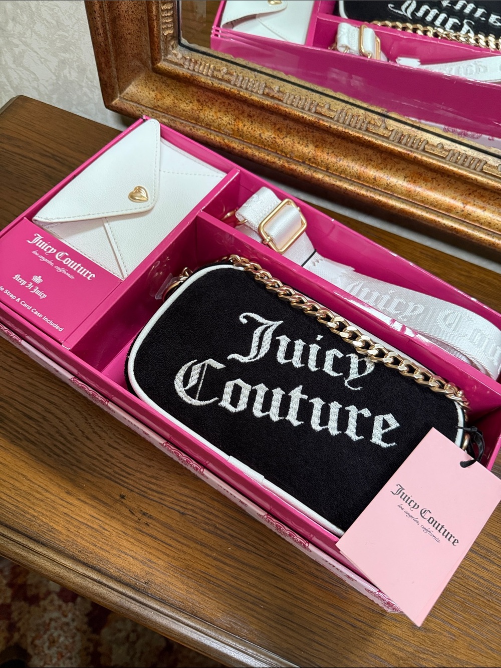 Juicy Couture Black and White Logo Crossbody/Chain Purse Set with card case.